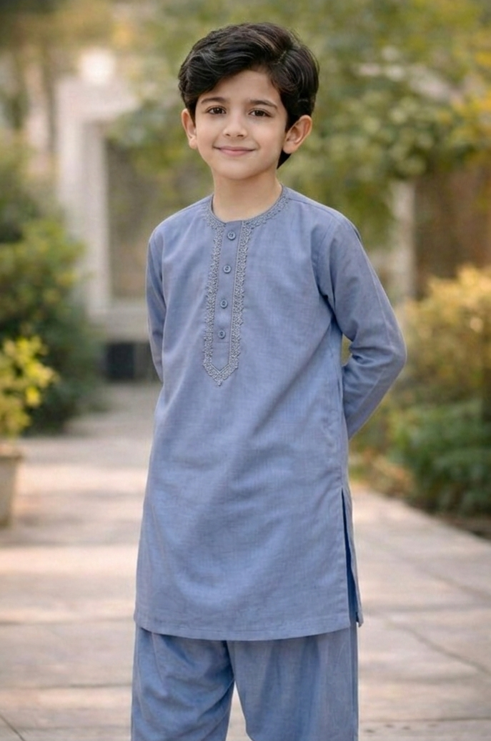 100% Cotton Kameez Shalwar Grey Color Round Neck Embroidery
