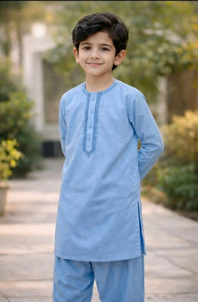 100% Cotton Kameez Shalwar Sky Blue Color Round Neck Embroidery