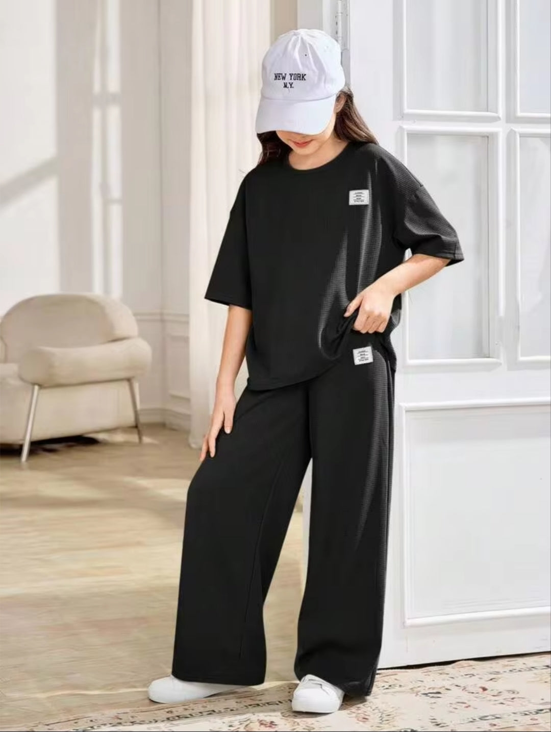 Baggy Suit Teen Girl Black Soft Cotton Jersey for Summer