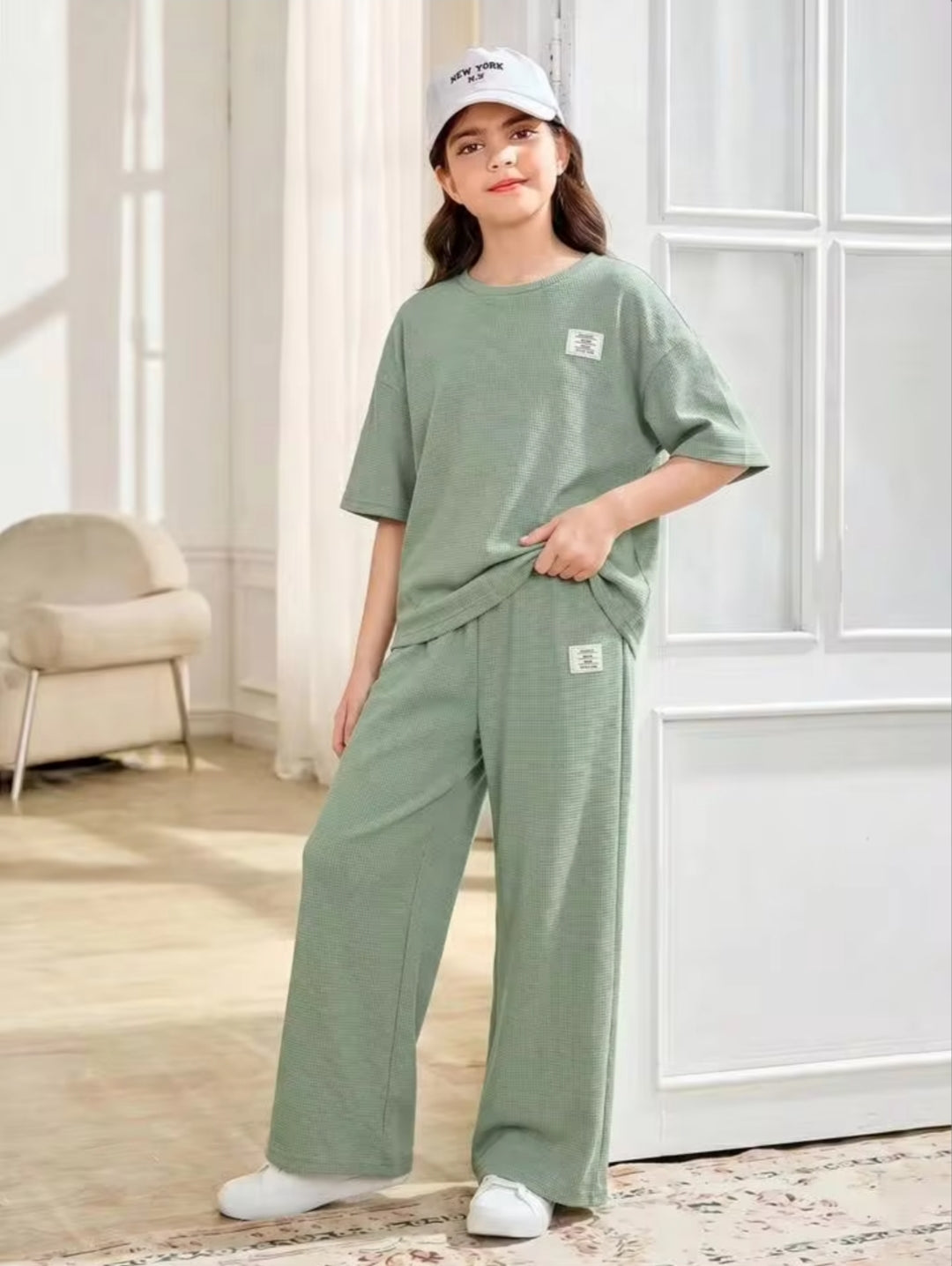 Baggy Suit Teen Girl Sage Green Soft Cotton Jersey for Summer