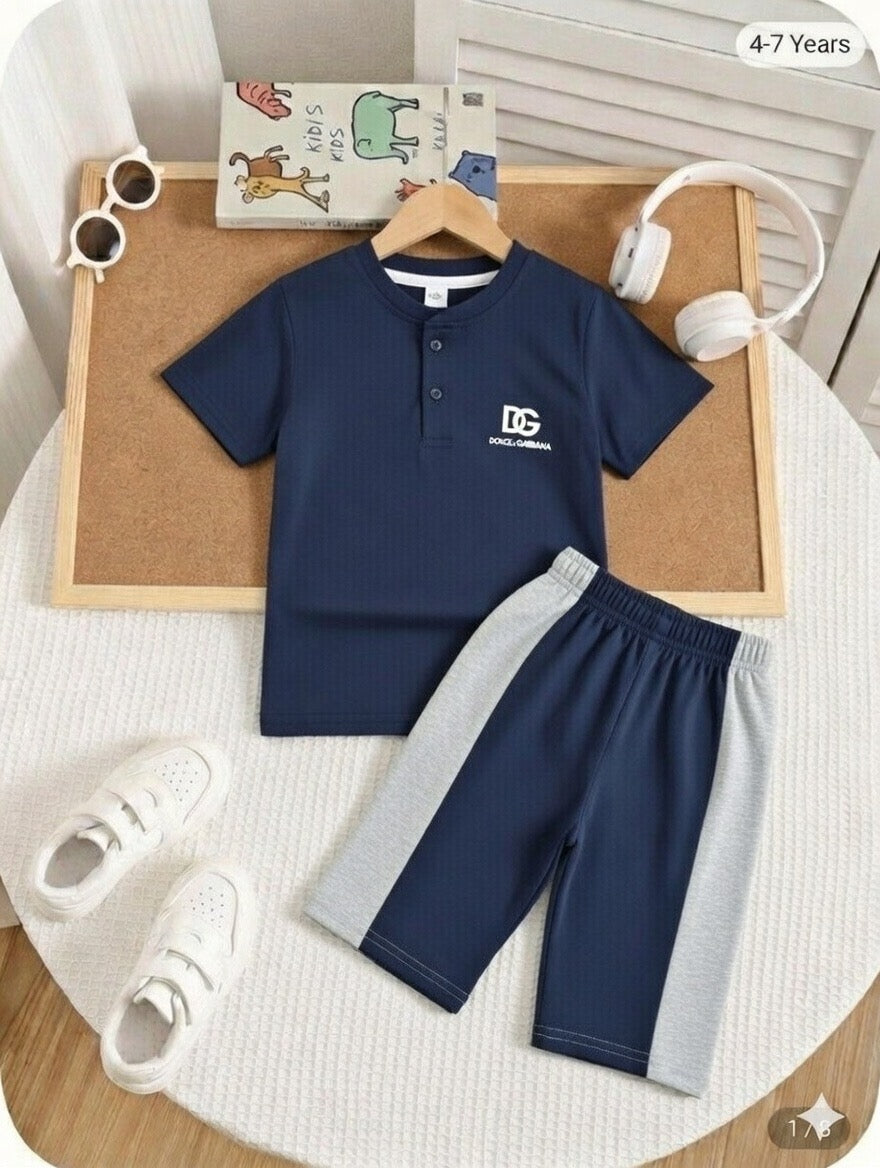 Henley Neck Navy Blue Color Jersey Casual Suit