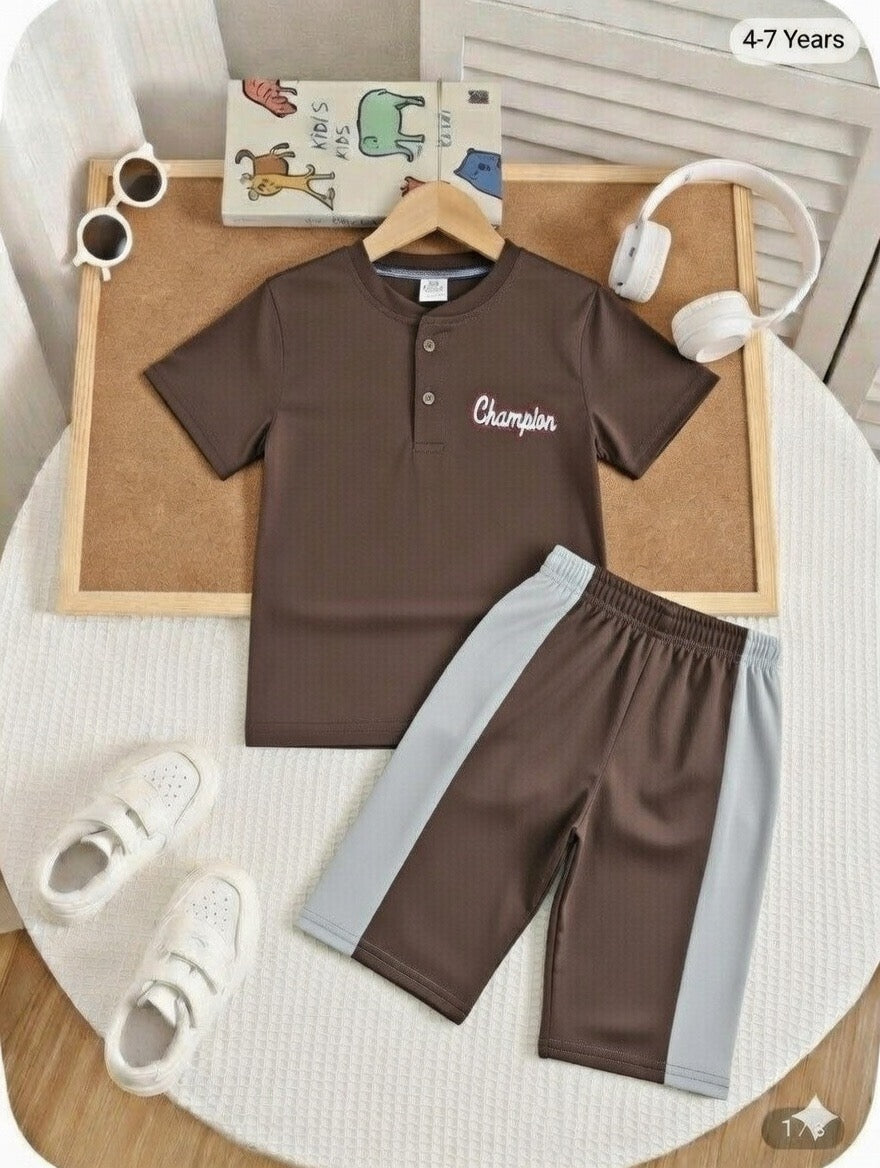 Henley Neck Brown Color Jersey Casual Suit