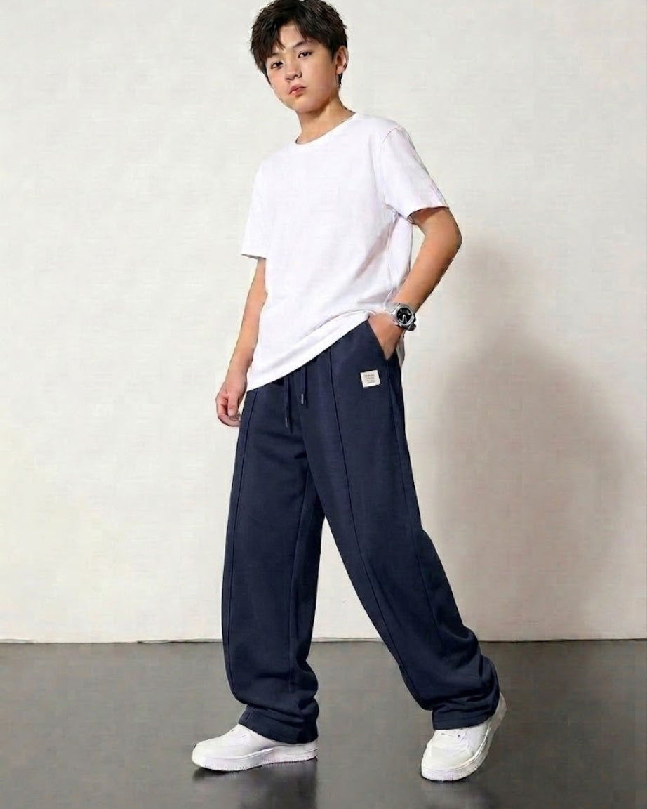 Baggy Fit Pleated Trouser Cotton Terry Navy Blue