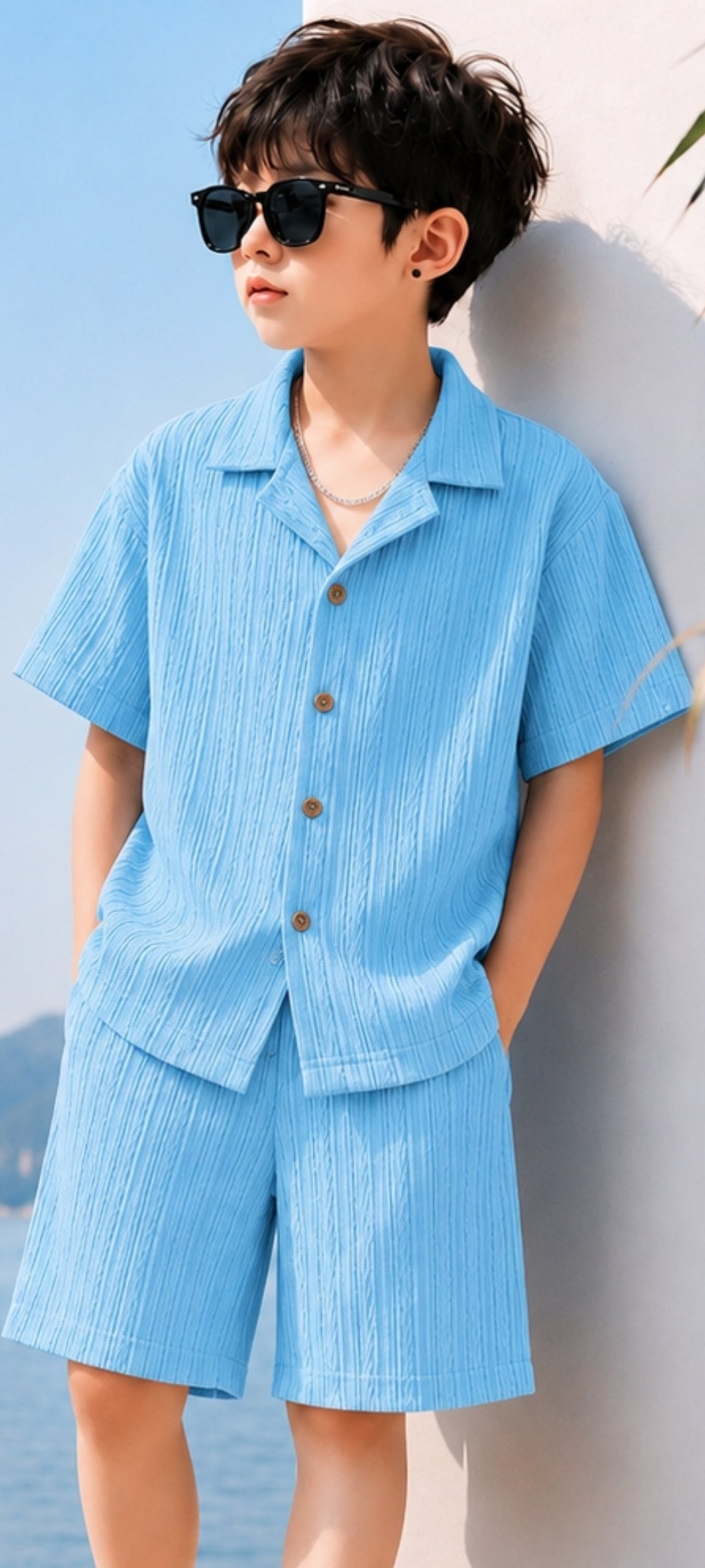 CO-ORD Set Premium Turkish Plissé Fabric for Summer Sky Blue