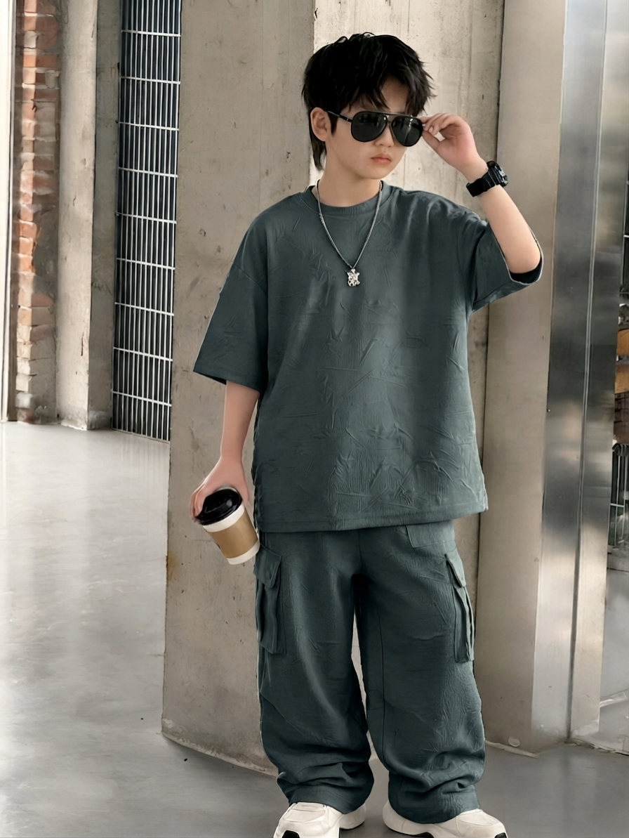 Baggy Suit with Cargo Trouser China Fabric Embossed Texture Slate Green