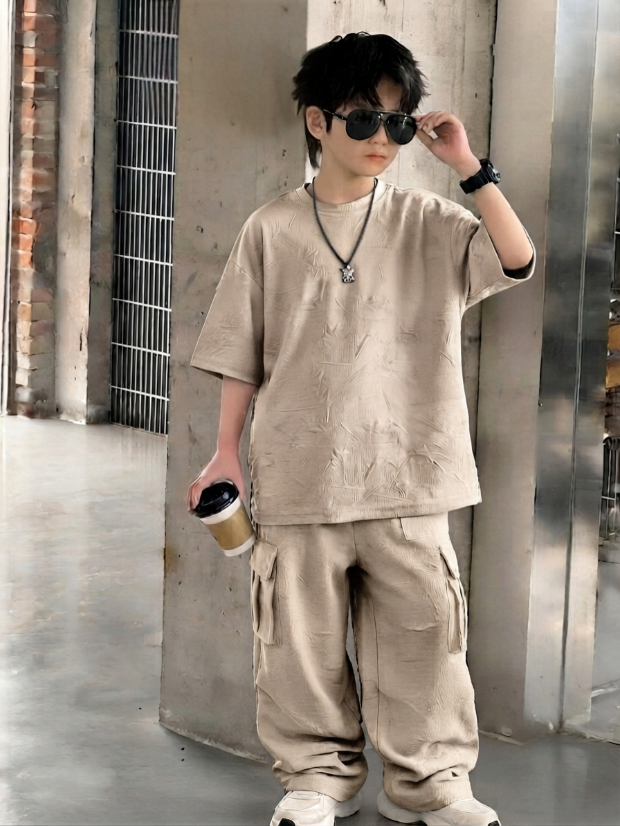 Baggy Suit with Cargo Trouser China Fabric Embossed Texture Beige