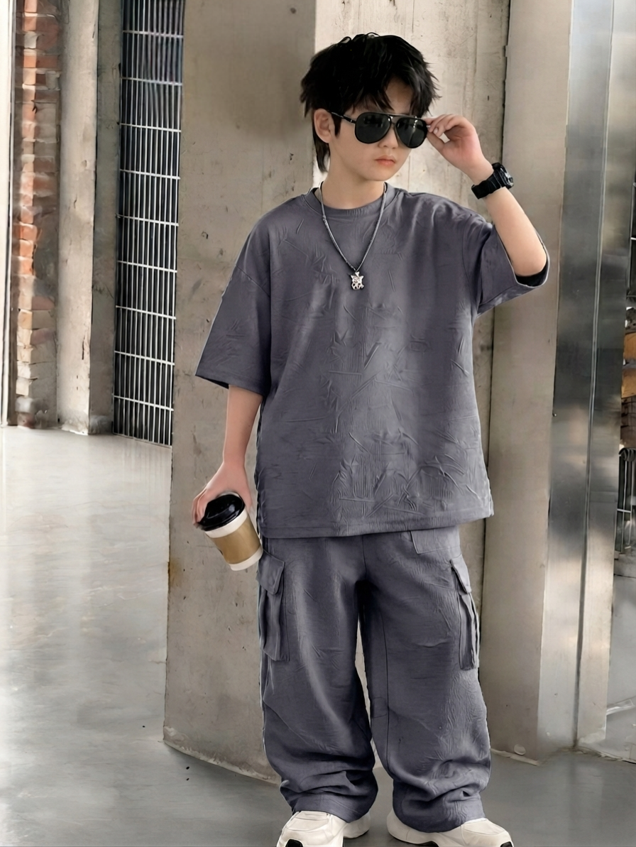 Baggy Suit with Cargo Trouser China Fabric Embossed Texture Charcoal Grey