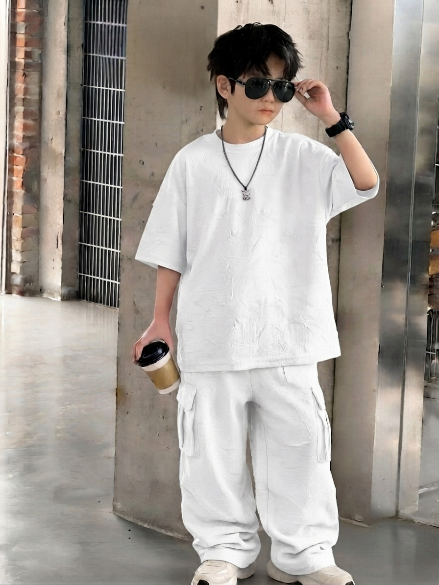 Baggy Suit with Cargo Trouser China Fabric Embossed Texture White