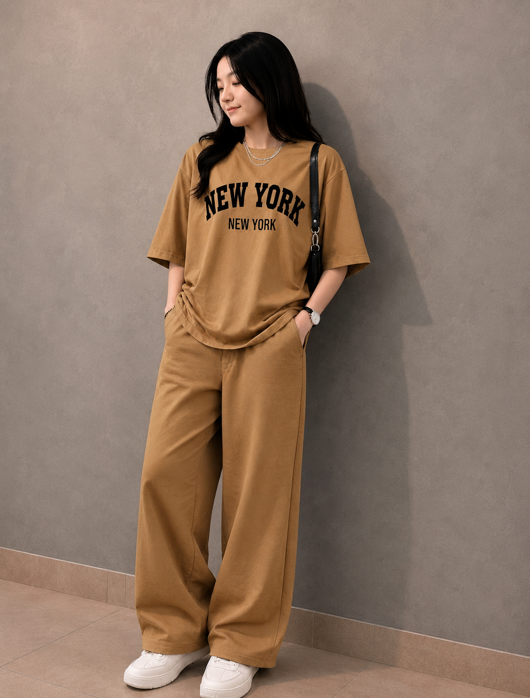 Baggy Suit Teen Girl New York Camel Soft Cotton Jersey for Summer