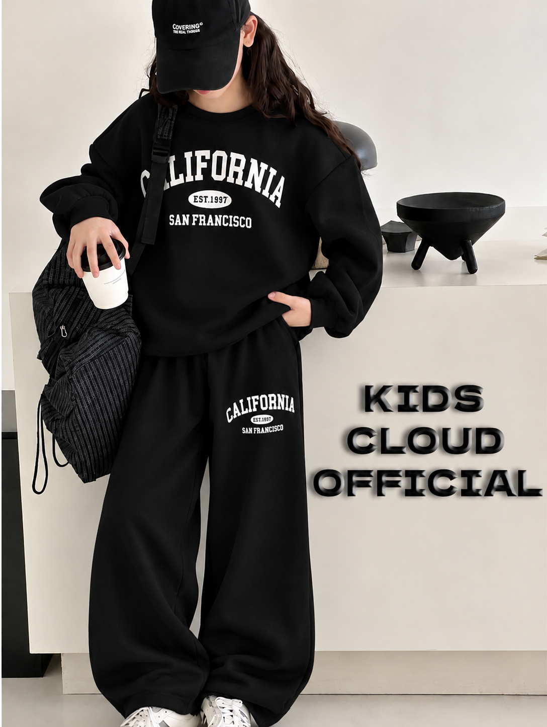 Teen Girl Baggy Suit Relaxed Fit California Soft Cotton Fleece Black for Winter