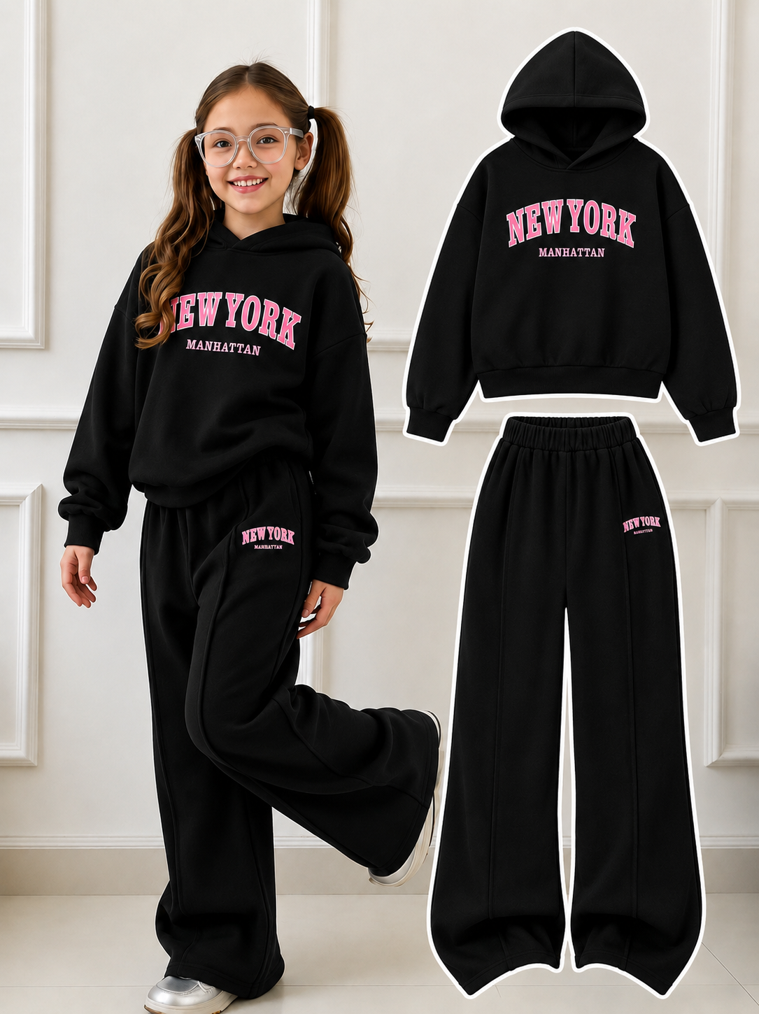 Teen Girl Baggy Suit Relaxed Fit New York Pink  Soft Cotton Fleece Black for Winter