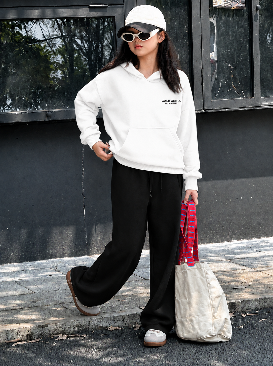 Teen Girl Baggy Suit Relaxed Fit California Los Soft Cotton Fleece White Hoodie & Black Trouser for Winter