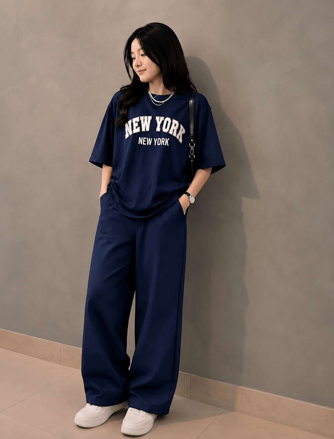 Baggy Suit Teen Girl New York Navy Blue Soft Cotton Jersey for Summer