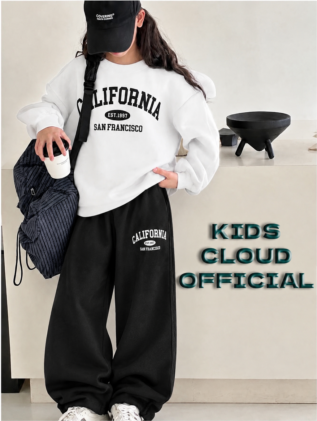 Teen Girl Baggy Suit Relaxed Fit California Soft Cotton Fleece White Hoodie with Black Trouser for Winter