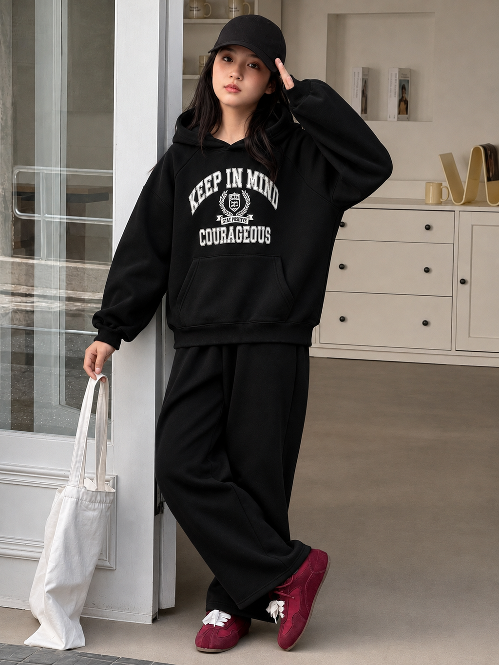 Teen Girl Baggy Suit Relaxed Fit Keep Mind Soft Cotton Fleece Black for Winter
