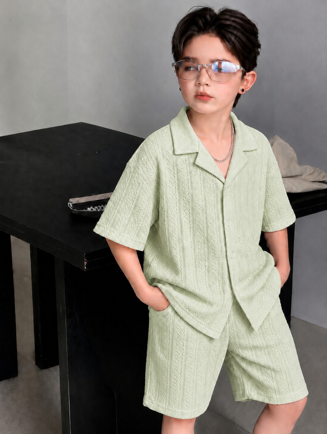 CO-ORD Set Knitted Jacquard Cotton Fabric for Summer Pastel green