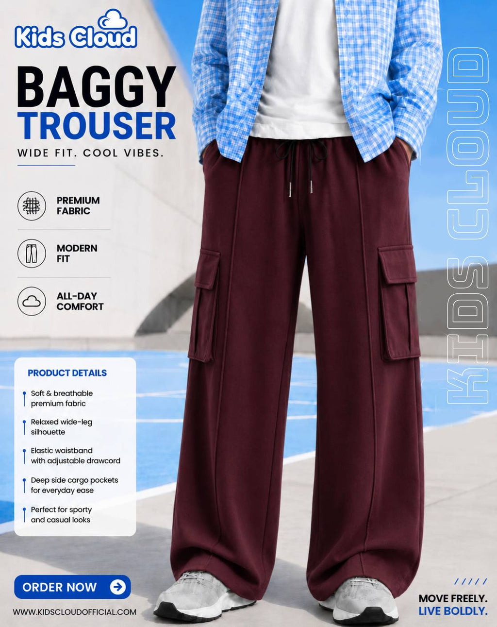Relaxed Fit Cargo Trouser Cotton Terry Maroon