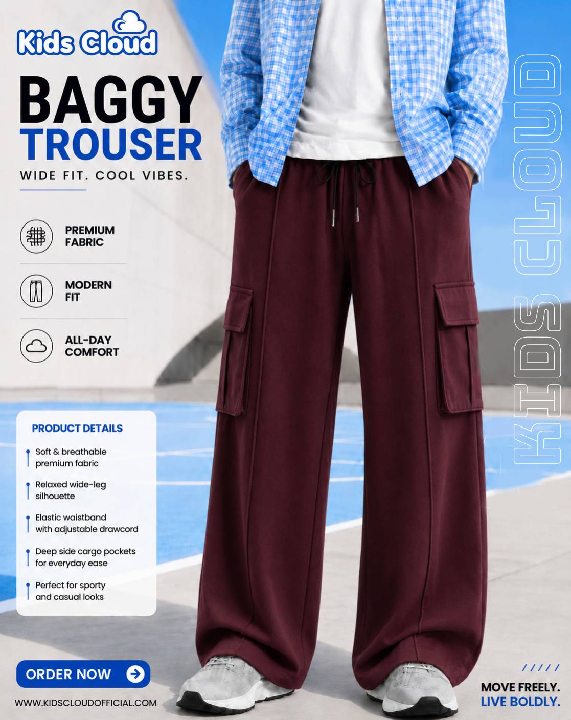 Relaxed Fit Cargo Trouser Cotton Terry Maroon