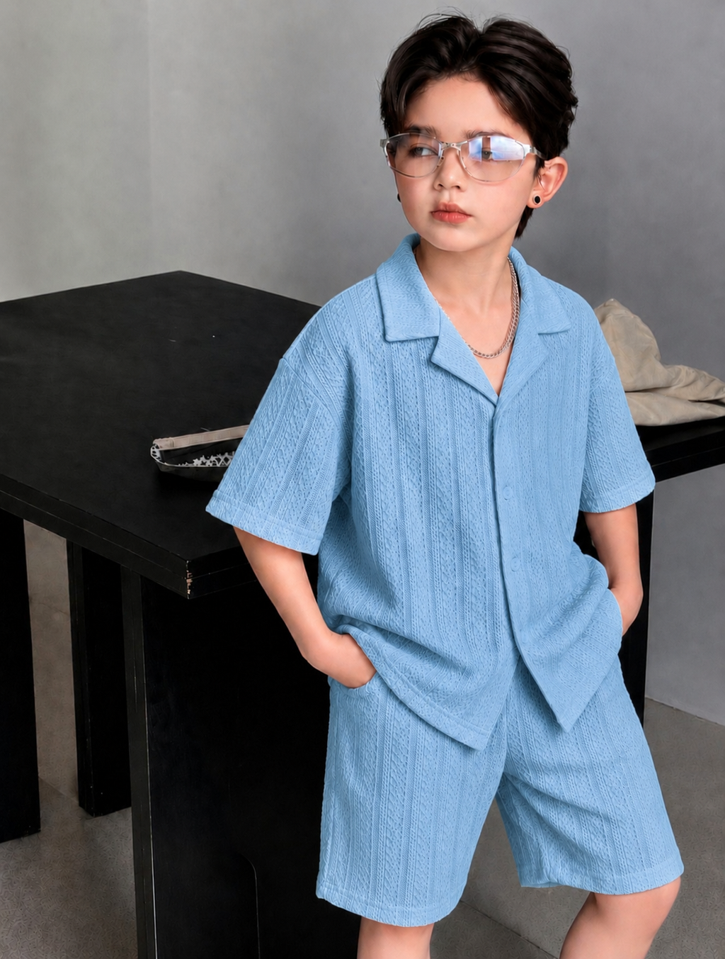 CO-ORD Set Knitted Jacquard Cotton Fabric for Summer Powder Blue