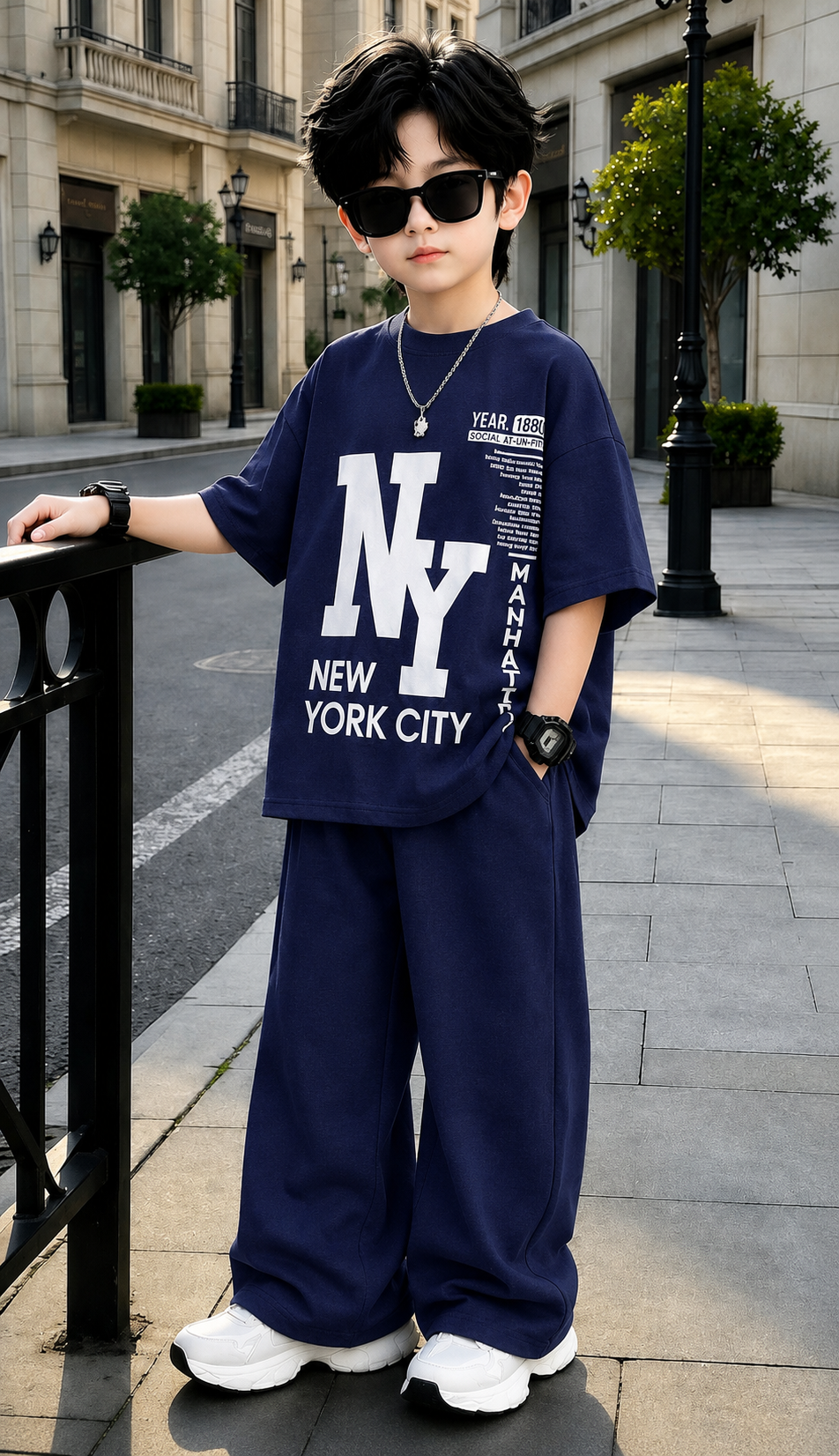 Baggy Suit New York 1880 Navy Blue Soft Cotton Jersey for Summer