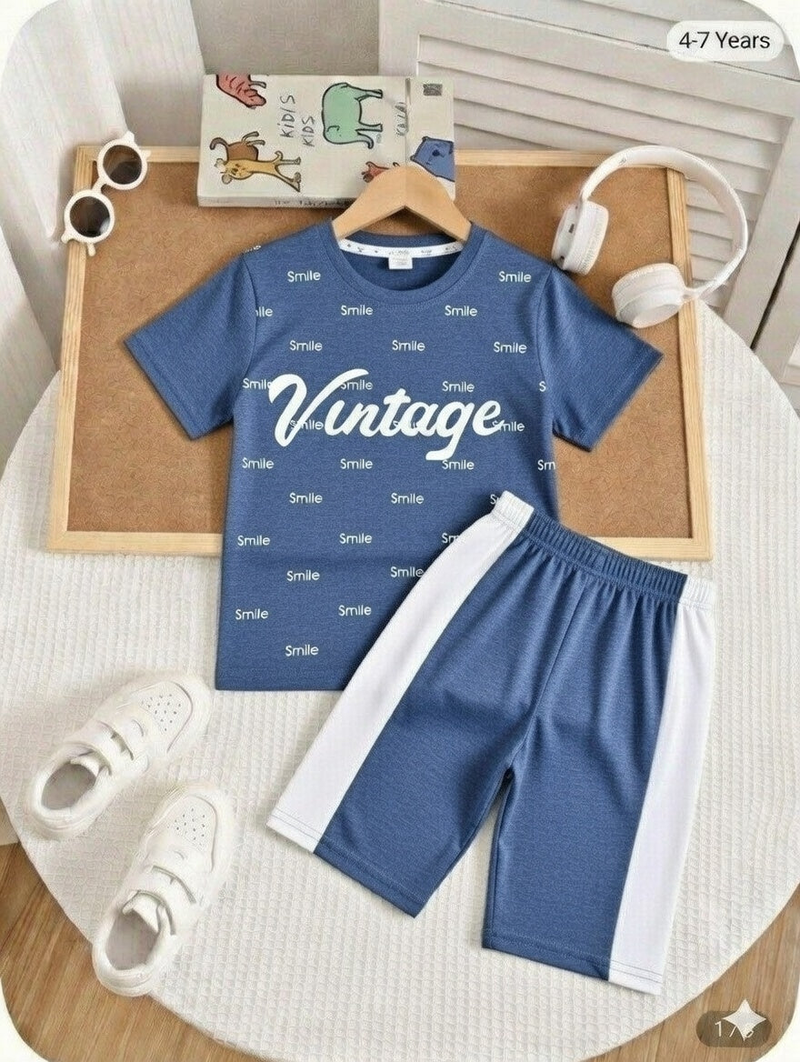 Vintage Round Neck Blue Color Jersey Casual Suit