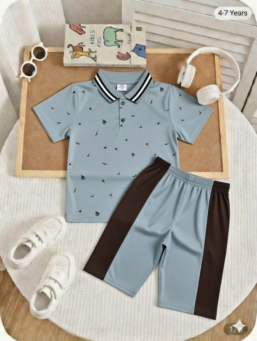 Texture Printed Shirt Collar Grey Color Jersey Casual Suit
