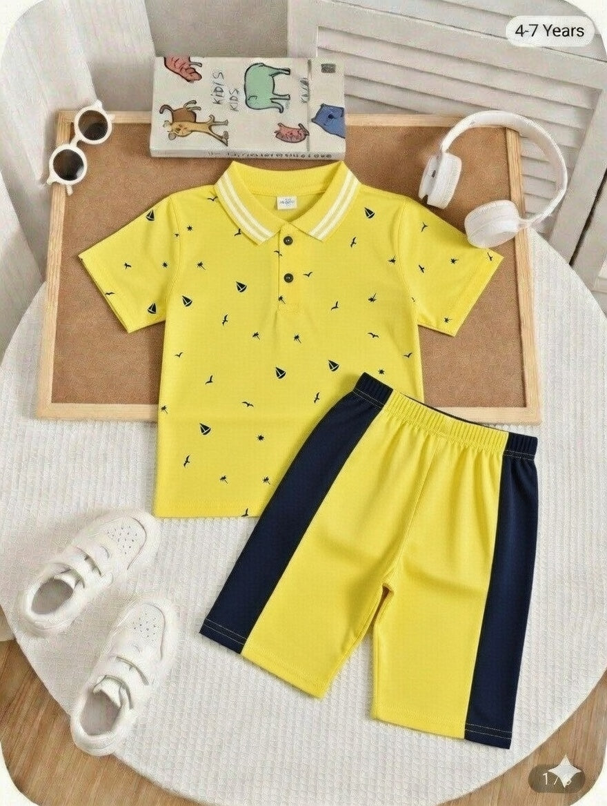 Texture Printed Shirt Collar Yellow Color Jersey Casual Suit