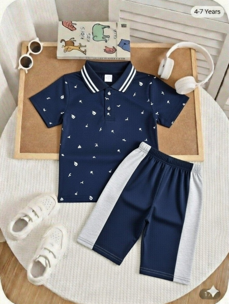 Texture Printed Shirt Collar Navy Blue Color Jersey Casual Suit